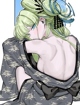 Rule 34 | 1girl, absurdres, backboob, bare back, blue archive, blue eyes, blue halo, breasts, green hair, grey kimono, hair bun, halo, highres, japanese clothes, kani ka nanika, kimono, long hair, looking at viewer, looking back, small breasts, solo, toki (blue archive)