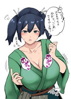 1girl absurdres black_hair breasts cleavage commentary_request green_eyes green_hakama green_kimono hakama hakama_skirt highres japanese_clothes kantai_collection kimono large_breasts looking_at_viewer meme next_time_you&#039;re_getting_this_(meme) oniken simple_background skirt solo souryuu_(kancolle) translation_request twintails upper_body white_background