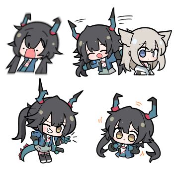 2girls animal_ears arknights arknights:_endfield bare_shoulders bird_ears bird_girl black_hair blue_eyes blue_horns blue_jacket blush chen_qianyu_(arknights) commentary_request cropped_jacket cropped_torso dragon_girl dragon_horns dragon_tail dress eastern_dragon_horns eastern_dragon_tail expressionless full_body gloves highres horns jacket korean_commentary long_hair long_sleeves looking_at_viewer malrangdonut motion_blur motion_lines multicolored_tail multiple_girls multiple_views open_clothes open_jacket open_mouth perlica_(arknights) simple_background smile standing surprised tail twintails v white_background white_dress white_jacket yellow_eyes