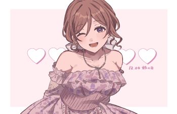 Rule 34 | 1girl, :d, arms behind back, blue eyes, border, bow, breasts, brown hair, corset, dated, dress, frilled dress, frills, gakuen idolmaster, hair bow, heart, highres, himesaki rinami, idolmaster, jewelry, large breasts, leaning forward, light blush, looking at viewer, medium hair, necklace, off-shoulder dress, off shoulder, official alternate costume, one eye closed, open mouth, outside border, pink corset, pink dress, smile, solo, translation request, upper body, white border, white bow, yureru 300