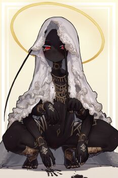 1girl absurdres black_sclera bracelet character_request collar colored_sclera dark-skinned_female dark_skin ekrea_jan elden_ring extra_arms halo highres jewelry leg_armor looking_at_viewer navel necklace red_eyes squatting veil white_hair yellow_background