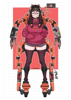 1girl absurdres animal_ear_headphones animal_ears assha_(schector) blunt_bangs braid breasts brown_eyes brown_hair brown_thighhighs cat_ear_headphones cat_ears commentary_request crocs dolphin_shorts fake_animal_ears full_body glasses grey_shorts hands_in_pocket headphones highres hood hood_down hoodie jimiko large_breasts long_hair looking_at_viewer mechanical_arms open_mouth orange_shoes original red-framed_eyewear red_hoodie round_eyewear shoes shorts solo standing thighhighs twin_braids white_background