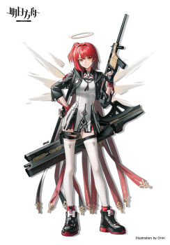1girl absurdres arknights black_gloves breasts cropped_jacket exusiai_(arknights) exusiai_the_new_covenant_(arknights) fingerless_gloves gloves gun halo highres holding holding_gun holding_weapon hood hooded_jacket jacket kriss_vector long_hair looking_at_viewer medium_breasts orini pleated_skirt red_hair shirt side_ponytail skindentation skirt solo standing submachine_gun thigh_strap thighhighs weapon white_shirt white_thighhighs zettai_ryouiki