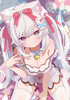 Rule 34 | 1girl, absurdres, animal ear fluff, animal ears, baby bottle, babydoll, bell, blue collar, blush, bottle, bow, bow panties, breasts, cat ears, cat girl, cat tail, cleavage, closed mouth, collar, commentary request, commission, fang, hair ornament, hair ribbon, hairclip, highres, jingle bell, long hair, looking at viewer, navel, neck bell, original, panties, ribbon, shiro9jira, skeb commission, smile, solo, strap slip, tail, tail ornament, thighhighs, twintails, underwear, very long hair, white hair, white panties, x hair ornament
