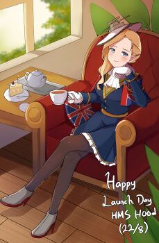 1girl absurdres ankle_boots azur_lane blonde_hair blue_capelet blue_dress blue_eyes blush boots breasts brown_pantyhose cake cake_slice candle capelet chair commission cup dress earrings erushira food fork full_body gloves grey_boots happy_birthday hat head_rest high_heel_boots high_heels highres holding holding_cup hood_(azur_lane) indoors jewelry long_hair looking_at_viewer pantyhose pillow plant plate sitting smile solo table teacup union_jack vgen_commission white_gloves white_hat window