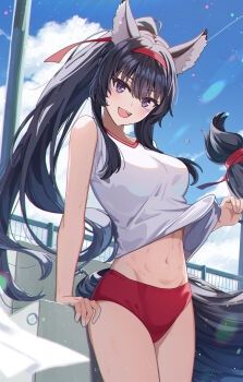 1girl :d absurdres ahoge animal_ear_fluff animal_ears black_hair blue_sky blush breasts buruma clothes_lift cloud commentary_request cowboy_shot day delta_(kagejitsu) groin hair_between_eyes hairband high_ponytail highres holding kage_no_jitsuryokusha_ni_naritakute! large_breasts long_hair looking_at_viewer matsumoto_yuu midriff navel open_mouth outdoors ponytail red_buruma red_hairband ribbon shirt sidelocks sky smile solo standing stomach tail thighs toned toned_female very_long_hair white_shirt