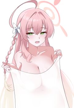 1girl ahoge blonde_hair blue_archive bow braid breasts collarbone commentary completely_nude fingernails gradient_hair green_eyes hair_bow hair_intakes halo hanako_(blue_archive) highres holding holding_towel huge_ahoge large_breasts long_hair looking_at_viewer multicolored_hair nude pink_hair potgit see-through_silhouette simple_background solo towel very_long_braid very_long_hair white_background white_bow