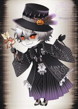 1boy aogiyuki ascot commentary_request full_body gloves hat highres jack_skellington long_sleeves looking_at_viewer male_focus round_eyewear short_hair skully_j._graves smile sunglasses the_nightmare_before_christmas twisted_wonderland white_hair