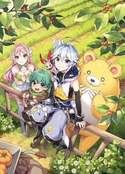 1girl 2boys :d antenna_hair baggy_pants bear boots bracelet breasts cleavage cover cover_page deokure_tamer_no_sonohigurashi detached_sleeves dress familiar farm fence from_above green_eyes green_hair grey_eyes grey_hair hair_ornament halter_dress halterneck hands_on_own_chest hood hoodie jewelry knee_boots kumama_(deokure_tamer_no_sonohigurashi) leaf leaf_hair_ornament long_hair long_sidelocks multiple_boys nardack novel_cover o_o official_art olto open_mouth pants pink_hair pointy_ears rick_(deokure_tamer_no_sonohigurashi) robe sakura_(deokure_tamer_no_sonohigurashi) sasaki_yuta_(deokure_tamer_no_sonohigurashi) scarf short_hair sidelocks sitting smile squirrel thigh_boots wooden_fence
