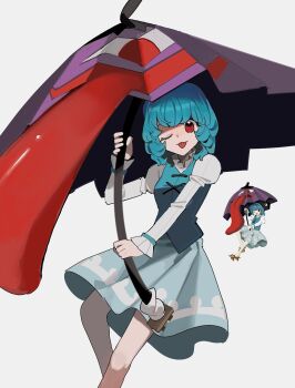 1girl 950magi618 :p blue_hair blue_skirt blue_vest commentary_request grey_background heterochromia highres holding holding_umbrella juliet_sleeves karakasa_obake long_sleeves official_art_inset one_eye_closed puffy_sleeves purple_umbrella red_eyes simple_background skirt tatara_kogasa ten_desires tongue tongue_out touhou umbrella vest
