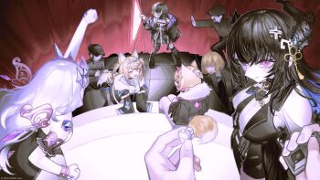 1boy 1other 6+girls animal_ears armlet asymmetrical_horns asymmetrical_legwear black_boots black_bow black_bowtie black_choker black_coat black_corset black_dress black_hair black_jacket black_skirt black_socks black_thighhighs black_vest blonde_hair blue_hair blue_hairband boots bow bowtie chest_belt choker clothing_cutout coat coattails collared_shirt colored_inner_hair commentary copyright_notice corset dog_ears dog_girl dog_tail double-parted_bangs dress dress_shirt earphones english_commentary fake_horns feather-trimmed_sleeves flower fur-trimmed_coat fur-trimmed_jacket fur_trim fuwawa_abyssgard fuwawa_abyssgard_(1st_costume) grey_hair hair_between_eyes hairband headpiece highres holding holding_earphones holoadvent hololive hololive_english horn_flower horn_hairband horns indoors jacket jenma-chan jewelry kneehighs koseki_bijou koseki_bijou_(1st_costume) long_hair long_sleeves looking_at_viewer miniskirt mococo_abyssgard mococo_abyssgard_(1st_costume) mole mole_under_eye multicolored_hair multiple_girls nerissa_ravencroft nerissa_ravencroft_(1st_costume) official_art pencil_skirt pink_eyes pink_hair pink_hairband pov pov_hands pungson_mori purple_eyes ribbed_shirt shiori_novella shiori_novella_(1st_costume) shirt short_dress short_hair shoulder_cutout siblings sidelocks single_kneehigh single_sock single_thighhigh sisters skirt sleeveless sleeveless_dress slit_pupils socks split-color_hair stage streaked_hair striped_clothes striped_thighhighs tail thighhighs twins two_side_up uneven_horns uneven_legwear very_long_hair vest virtual_youtuber white_dress white_shirt yellow_eyes