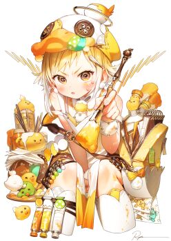 1girl @_@ art_supplies bag bare_shoulders belt blonde_hair blush breasts commentary cup hair_ornament hat highres holding holding_paintbrush looking_at_viewer open_mouth original paint paintbrush painting_(action) paper revision ryota_(ry_o_ta) shirt shorts simple_background sleeveless solo symbol-only_commentary white_background wrist_cuffs yellow_eyes
