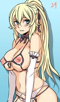 1girl absurdres blonde_hair blue_background blue_eyes blush bra breasts cupless_bra female_focus garter_belt groin highres lactation large_breasts lingerie navel nipples panties regalia_the_three_sacred_stars simple_background sixmi34 solo underwear white_panties yuinshiel_asteria