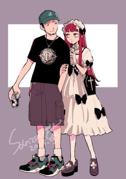 Rule 34 | 1boy, 1girl, :o, artist name, baseball cap, black bow, black hair, black shirt, blunt bangs, bow, bracelet, brown shoes, brown shorts, buzz cut, cargo shorts, city sanzu, closed mouth, coffin-shaped bag, collar, cross, cross necklace, cup, dated, dress, drink, facial hair, full body, goatee, goth fashion, gothic lolita, grabbing another's arm, green hat, green shoes, grey eyes, hairband, hand in pocket, hat, hetero, highres, holding, holding cup, holding drink, ice, iori junpei, jewelry, lace, lace hairband, lace pantyhose, lolita fashion, lolita hairband, long hair, looking at another, necklace, pantyhose, parted lips, pearl bracelet, pearl necklace, persona, persona 3, purple background, red hair, shirt, shoes, short hair, short sleeves, shorts, sidelocks, smile, sneakers, socks, standing, two-tone background, very short hair, white background, white collar, white dress, white hairband, white pantyhose, white socks, yoshino chidori