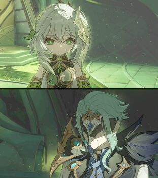 1boy 1girl blue_hair closed_mouth coat commentary cross-shaped_pupils detached_sleeves dottore_(genshin_impact) dress english_commentary eye_mask genshin_impact gradient_hair green_eyes green_hair hair_between_eyes hair_ornament highres indoors jewelry leaf_hair_ornament light_particles light_smile long_hair mask multicolored_hair nahida_(genshin_impact) pointy_ears short_hair side_ponytail symbol-shaped_pupils white_dress white_hair yiyiyiyi670