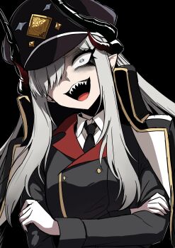 Rule 34 | 1girl, black horns, blue archive, blush, breasts, commentary request, demon horns, gloves, grey hair, hair over one eye, halo, hat, highres, horns, long hair, looking at viewer, makoto (blue archive), multiple horns, nagai negi, open mouth, peaked cap, pointy ears, shirt, smile, solo