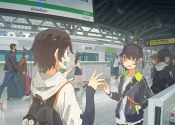 2girls 6+boys 6+girls akihabara_(tokyo) backpack bag black_hair black_hat blue_eyes brown_hair buttons earrings east_japan_railway_company faceless faceless_female faceless_male hair_between_eyes hand_in_pocket hat hood hood_down hooded_jacket jacket japan_railways jewelry kusakabe_(kusakabeworks) layered_sleeves long_sleeves looking_at_another multiple_boys multiple_girls multiple_unit_train open_clothes open_jacket open_mouth original pants ponytail real_world_location rolling_suitcase shoes short-sleeved_jacket short_over_long_sleeves short_sleeves shoulder_bag sign suitcase tactile_paving tile_floor tiles train train_station train_station_platform walking watch webp-to-png_conversion white_jacket wristwatch zipper_pull_tab