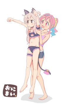 2girls absurdres animal_ears barefoot bell black_eyes bow bra cat_cutout cat_ears cat_lingerie cat_tail cleavage_cutout clothing_cutout fake_animal_ears fake_tail frilled_bra frilled_panties frills full_body genderswap genderswap_(mtf) highres hozuki_kaede jibijibipen long_hair meme_request multiple_girls navel onii-chan_wa_oshimai! open_mouth oyama_mahiro panties pink_eyes pink_hair ponytail standing sweatdrop tail tail_bow tail_ornament underwear