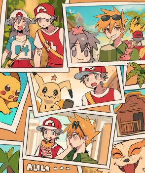 Rule 34 | 1girl, 2boys, :d, absurdres, animal, animal on head, arcanine, baseball cap, blue oak, blush, blush stickers, brown hair, collarbone, eating, eyewear on head, flower, flower necklace, flower on head, food, food on face, gen 1 pokemon, gen 7 pokemon, hair between eyes, hat, highres, holding another's arm, jewelry, kanbaki's orange-haired catgirl, ki2ri5, leaf (pokemon), lei, mimikyu, multiple boys, necklace, nintendo, on head, open mouth, palm tree, photo (object), pikachu, pokemon, pokemon frlg, pokemon sm, red (pokemon), shirt, smile, spiked hair, tree