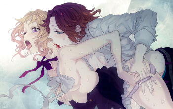 10s 1boy 1girl biting blonde_hair blood blue_eyes bow bowtie brown_hair crying diabolik_lovers grabbing_another's_breast groping hetero komori_yui nozoki_davis open_mouth panties panty_pull pink_eyes ribbon sakamaki_laito saliva school_uniform sharp_nails skirt sweat tareme tears tongue tongue_out underwear vampire