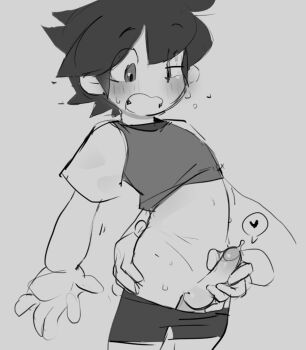 1boy 1other artist_request bare_hips blush capcom clothes_pull cum embarrassed erection grabbing_another&#039;s_ass grey_background groin groping heart legs male_focus masturbation mega_man_(character) mega_man_(classic) mega_man_(series) messy_hair monochrome penis robot robot_boy shirt shors shorts shorts_pull shota simple_background spoken_heart surprised sweat teeth testicles