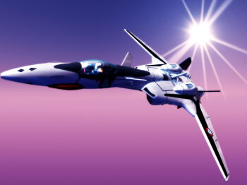 1990s_(style) 1boy aircraft airplane artist_request canards canopy_(aircraft) cockpit energy_cannon fighter_jet flying gradient_background helmet highres isamu_dyson light_rays macross macross_plus military military_vehicle painting_(medium) pilot purple_sky realistic retro_artstyle roundel science_fiction sky source_request spacesuit star_(sky) sun tenjin_hidetaka traditional_media u.n._spacy variable_fighter vehicle_focus yf-19