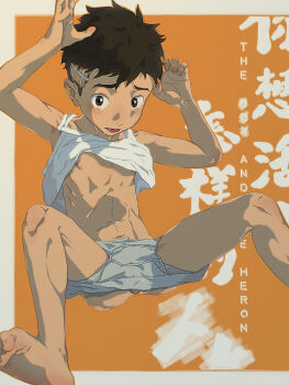 1boy absurdres blush brown_eyes brown_hair clothes_lift drooling feet highres ken_woofwoof kimitachi_wa_dou_ikiru_ka maki_mahito male_focus navel nipples open_mouth orange_background shirt_lift short_hair shota solo tank_top tearing_up undercut underwear white_tank_top