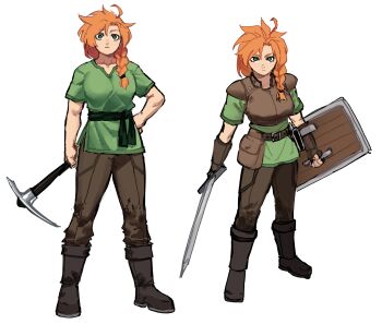 1girl absurdres aka_nobodyy alex_(minecraft) armor belt belt_pouch boots braid breastplate fingerless_gloves freckles gauntlets gloves green_eyes highres holding holding_shield holding_sword holding_weapon leather_armor long_hair minecraft orange_hair pauldrons pickaxe pouch shield shoulder_armor side_braid simple_background solo sword tunic weapon white_background