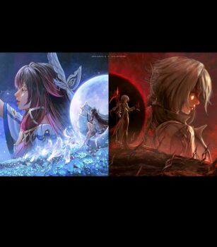 2girls arlecchino_(genshin_impact) arm_up artist_collaboration artist_name barefoot black_border black_hair black_pants black_shoes border closed_eyes closed_mouth coat columbina_(genshin_impact) crimson_moon&#039;s_semblance_(genshin_impact) dress eye_mask field flower flower_field from_side full_moon genshin_impact grey_coat grey_hair hair_ornament highres holding holding_polearm holding_scythe holding_weapon huge_moon jvn long_hair mask missing_commentary moon multicolored_hair multiple_girls neelamayu_n night pants parted_lips pink_hair polearm profile red_eyes red_pupils scythe shoes sitting sky solo split_theme standing streaked_hair symbol-shaped_pupils two-tone_hair upper_body weapon white_dress white_mask wing_hair_ornament zoom_layer