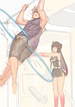 1boy 1girl ^^^ afterimage armpits barefoot brown_hair closed_mouth colored_extremities commentary constricted_pupils covered_pectorals dress english_commentary exercise_machine exercising feixiao_(honkai:_star_rail) gnarlypzofbread grey_hair gym hair_ornament hanging highres honkai:_star_rail honkai_(series) hoop horizontal_bar hula_hoop indoors lingsha_(honkai:_star_rail) long_hair looking_at_another motion_blur motion_lines moze_(honkai:_star_rail) multicolored_hair outstretched_arms pectorals pullup_bar pullups red_hair shirt short_dress shorts sketch sleeveless sleeveless_dress sleeveless_shirt standing strong toned toned_male two-tone_hair very_long_hair