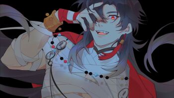 1boy arm_up avidyae bandaged_chest bandaged_hand bandages black_background black_hair blade_(elation)_(honkai:_star_rail) blade_(honkai:_star_rail) bracelet commentary earrings english_commentary floating_hair hair_over_one_eye highres honkai:_star_rail honkai_(series) jewelry long_hair male_focus necklace official_alternate_costume one_eye_covered open_mouth piercing red_eyes simple_background single_earring smile solo tassel tassel_earrings teeth upper_body upper_teeth_only very_long_hair