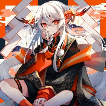 Rule 34 | 1girl, absurdres, aononchi, black bridal gauntlets, black nails, border, braid, bridal gauntlets, chinese zodiac, commentary request, dragon horns, fingernails, floral print, gradient horns, highres, horns, long sleeves, looking at viewer, mole, mole under eye, multicolored horns, nail polish, original, pointy ears, puffy long sleeves, puffy sleeves, red border, red eyes, red horns, solo, watermark, white hair, year of the dragon