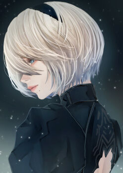 1girl 2b_(nier:automata) blue_eyes highres mitsuki_nite nier:automata nier_(series) profile short_hair white_hair