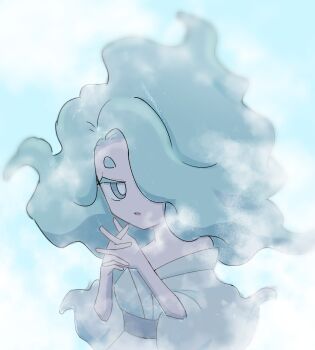 Rule 34 | 1girl, blue eyes, blue hair, commentary, enraenra (youkai watch), hair over one eye, highres, looking at viewer, rococo yw, solo, untranslatable commentary, upper body, youkai (youkai watch), youkai watch