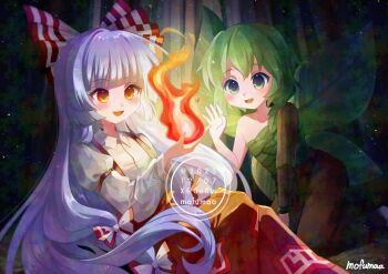 2girls adversarial_noise artist_name blush bow character_request collared_shirt commission dated fire fujiwara_no_mokou green_eyes green_hair grey_hair hair_bow juliet_sleeves long_hair long_sleeves maa_(forsythia1729) multiple_girls multiple_hair_bows ofuda ofuda_on_clothes open_mouth original pants puffy_sleeves pyrokinesis red_eyes red_pants shirt skeb_commission smile suspenders touhou very_long_hair watermark white_shirt wings