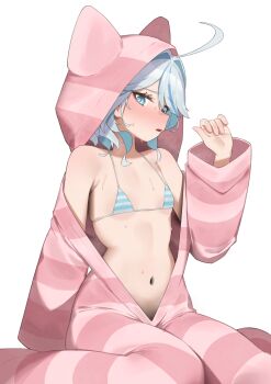 1girl ahoge animal_costume animal_hood blue_eyes blue_hair blush bra breasts commentary_request flasso furina_(genshin_impact) genshin_impact hair_intakes heterochromia highres hood huge_ahoge navel pajamas short_hair simple_background small_breasts solo stomach striped_bra striped_clothes striped_pajamas underwear white_background