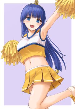 1girl absurdres alternate_costume arm_up armpits blue_eyes blue_hair blunt_bangs blush border breasts commentary_request cowboy_shot facial_mark gold_hairband hair_ornament hairband hand_up headpiece highres holding holding_pom_poms long_hair looking_at_viewer low-tied_long_hair medium_breasts michigami_nareko midriff miniskirt navel open_mouth outside_border pleated_skirt pom_pom_(cheerleading) pom_poms purple_background shoes simple_background skirt smile solo standing standing_on_one_leg tank_top techi_(techi35499) teeth touhou triangle triangle_facial_mark white_border white_shoes white_tank_top yellow_skirt