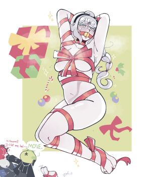 1boy 2girls ball_gag bdsm bell black_hairband blue_jacket bondage bound bow braid candy candy_cane christmas commentary english_commentary english_text food gag gift grey_hair grey_jacket hairband highres jacket kirifuji_nozomi long_hair multicolored_jacket multiple_girls naked_ribbon novemblem oosuzuki_kurara pushing_away red_bow red_hair red_ribbon ribbon short_hair speech_bubble sumino_takumi sweat the_hundred_line_-last_defense_academy- two-tone_jacket