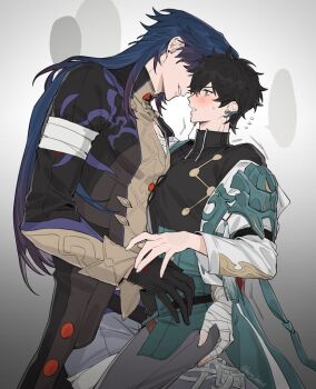 2boys artist_name bandaged_arm bandaged_hand bandages belt black_belt black_hair black_skirt blade_(honkai:_star_rail) blush buttons commentary_request dan_heng_(honkai:_star_rail) earclip earrings english_text gloves green_eyes grey_pants hand_on_another's_ass hand_up harryyyyyy1121 honkai:_star_rail honkai_(series) jacket jewelry long_hair male_focus mixed-language_commentary multicolored_hair multiple_boys open_clothes open_jacket pants short_hair single_glove sitting sitting_on_lap sitting_on_person skirt stud_earrings teeth twitter_username