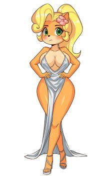 Rule 34 | 1girl, alternate costume, azur lane, blonde hair, blush, breasts, bursting breasts, cleavage, coco bandicoot, cosplay, crash bandicoot (series), curvy, dress, expressionless, feet, green eyes, hands on own hips, high heels, highres, large breasts, legs, long hair, looking at viewer, no bra, pelvic curtain, ponytail, sideboob, solo, st. louis (azur lane), st. louis (luxurious wheels) (azur lane), thighs, wide hips