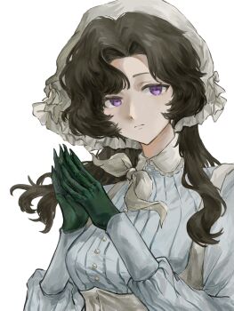 Rule 34 | 1girl, :|, anjo nala, black hair, chinese commentary, closed mouth, coif, commentary request, corset, gloves, green gloves, hands up, hat, highres, long hair, looking at viewer, neckerchief, own hands together, pinstripe pattern, pinstripe shirt, purple eyes, reverse:1999, shirt, solo, striped clothes, striped shirt, upper body, vertical-striped clothes, vertical-striped shirt, white background, white corset, white hat, white neckerchief, white shirt, z. (emotional93615)