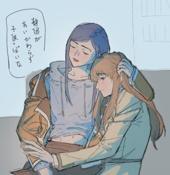 2girls blue_hair blush brown_hair closed_mouth commentary_request drawstring fujino_shizuru fuuka_academy_school_uniform grey_hoodie hakson777 hand_in_another&#039;s_hair highres holding_another&#039;s_wrist hood hoodie jacket kuga_natsuki long_hair midriff_peek multiple_girls my-hime open_mouth orange_jacket red_eyes school_uniform sitting sitting_on_lap sitting_on_person smile speech_bubble yuri