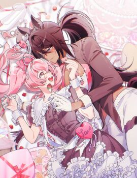 Rule 34 | 2girls, animal ears, black dress, black jacket, blue eyes, blush, bow, box, brown hair, cake, chocolate, comore juna (murangee), dark skin, dress, food, fork, frilled dress, frills, fruit, gift, gift box, gloves, highres, holding, holding fork, holding hands, horse ears, horse girl, horse tail, jacket, long hair, looking at another, lying, multiple girls, murangee, oc x canon, on side, orange eyes, pants, pink bow, pink hair, ponytail, shoes, smile, strawberry, symboli kris s (umamusume), tail, teeth, thigh strap, twintails, umamusume, unworn shoes, upper teeth only, valentine, white gloves, white pants, wrist cuffs, yuri