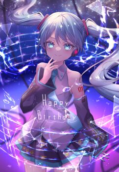 1girl absurdres aqua_eyes aqua_hair aqua_nails aqua_necktie aqua_trim arm_tattoo black_skirt closed_mouth collared_shirt detached_sleeves grey_shirt hair_between_eyes hair_ornament happy_birthday hatsune_miku headset highres kikuha_kobeni light_blush long_hair long_sleeves looking_at_viewer miniskirt necktie number_tattoo pleated_skirt shirt skirt smile solo tattoo twintails very_long_hair vocaloid
