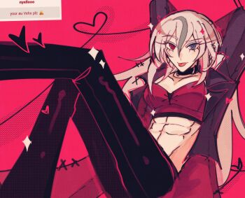 Rule 34 | 1girl, :p, abs, alternate costume, arms behind head, black choker, black pants, blue streaks, breasts, choker, cleavage, commentary, crop top, english commentary, english text, heart, heterochromia, highres, jacket, leather, leather jacket, light blush, long hair, multicolored hair, pants, purple eyes, red eyes, red tank top, request inset, smile, sparkle, strawpage, streaked hair, takueitaku, tank top, the hundred line -last defense academy-, tongue, tongue out, v'ehxness, very long hair, white hair