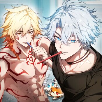 2boys abs antenna_hair arm_tattoo bboo_hoyo black_choker black_shirt blonde_hair blue_eyes braid chest_tattoo chimera_(honkai:_star_rail) choker commentary_request facial_tattoo gradient_hair highres honkai:_star_rail honkai_(series) korean_commentary male_focus medium_hair multicolored_hair multiple_boys muscular muscular_male mydei_(fig_stew)_(honkai:_star_rail) mydei_(honkai:_star_rail) neck_tattoo parted_bangs phainon_(honkai:_star_rail) phainon_(vigethos)_(honkai:_star_rail) red_hair red_tattoo shirt short_hair side_braid sun_symbol sun_tattoo tan tattoo toothbrush toothbrush_in_mouth topless_male white_hair yellow_eyes