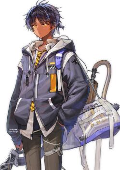 1boy absurdres alternate_costume arknights bag black_hair commentary dark-skinned_male dark_skin ear_piercing english_commentary hair_between_eyes hair_ornament hairclip hand_in_pocket headphones headphones_around_neck highres holding holding_weapon hood hood_down hooded_jacket jacket jewelry long_sleeves looking_at_viewer male_focus necktie orange_eyes pants piercing shirt simple_background solo striped_clothes striped_necktie thorns_(arknights) weapon white_background xiu_xxx_wu