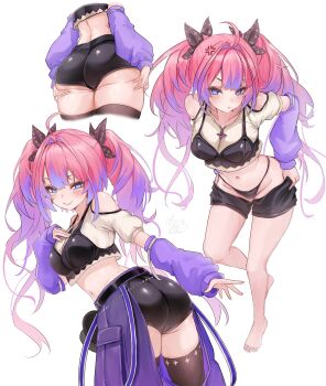 1girl absurdres anger_vein ass barefoot black_panties black_shorts black_thighhighs blue_eyes blush breasts clothes_pull commentary cropped_shirt feet highres hololive hololive_dev_is kikirara_vivi kikirara_vivi_(1st_costume) looking_at_viewer medium_breasts multicolored_hair multiple_views navel panties pink_hair purple_hair shorts shorts_pull simple_background soup_(soupysoull) thighhighs toes two-tone_hair underwear virtual_youtuber white_background