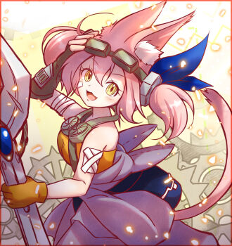 1girl animal_ear_fluff animal_ears asymmetrical_gloves bandaged_arm bandages black_gloves blush breasts cat_ears cat_girl cat_tail clothes_around_waist duel_monster eyewear_on_head gloves goggles goggles_on_head hand_on_own_head holding jacket jacket_around_waist kitt_(yu-gi-oh!) long_hair looking_at_viewer medium_breasts mismatched_gloves momobesaeka open_mouth orange_gloves pink_hair smile solo tail tri-brigade_kitt twintails yellow_eyes yu-gi-oh!