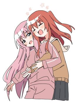 2girls :d black_skirt blue_eyes blush bocchi_the_rock! brown_shirt closed_eyes cowboy_shot cropped_legs gotoh_hitori hair_between_eyes haru_(konomi_150) highres hug hug_from_behind jacket kita_ikuyo long_hair multiple_girls one_side_up open_mouth pants pink_hair pink_jacket pink_pants pleated_skirt red_hair school_uniform shirt shuka_high_school_uniform simple_background skirt smile very_long_hair white_background yuri